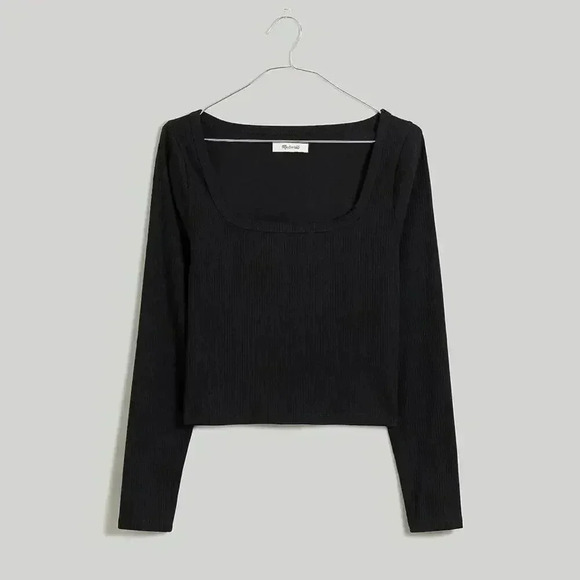 Madewell Square Neck Long Sleeve Crop Tee in Sleekhold Black XS NWT - Picture 1 of 5